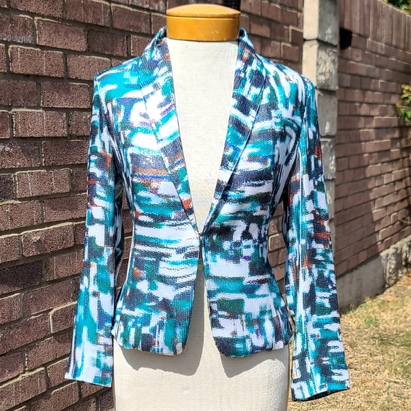 Etcetera Jackets & Blazers - Etcetera blue & white print sequined jacket